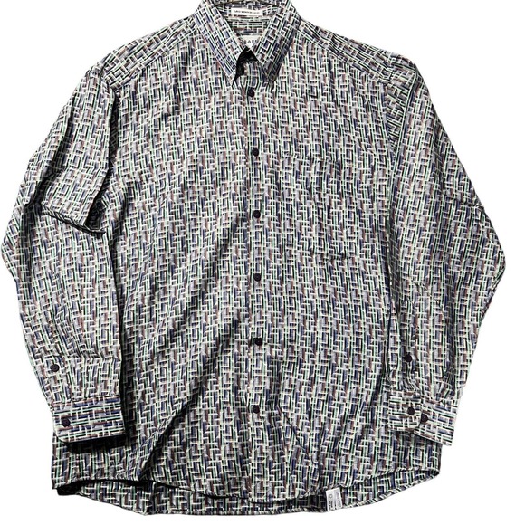 Jhane Barnes Mens Button Down Shirt M 15-1/2 Gray Brown Cotton Long Sleeve - Picture 2 of 8
